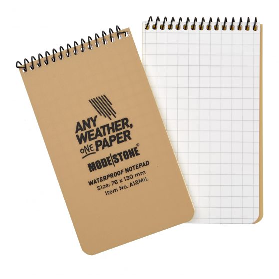 76x130mm Top Spiral Modestone Waterproof Notepad (3"x5" - 100 Pages/50 Sheets)- Military Model - Tan