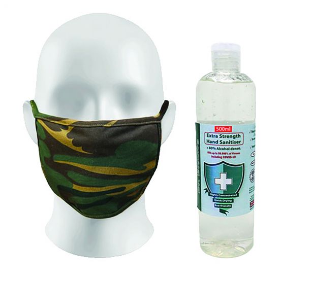Camouflage Face Mask + 500ml Extra Strength Hand Sanitiser (80% Alcohol)