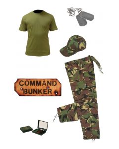 Kids Army Camo Pack 5 - Tshirt, Pants, Cap, Dog Tags, Camo Paint and Command Bunker Sign 