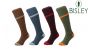Bisley-Cable-Shooting-Socks-From-Left-To-Right,-Conker-Brown,-Denim-Blue,-Maroon-and-olive-green-with-the-bisley-logo-in-the-top-right-corner